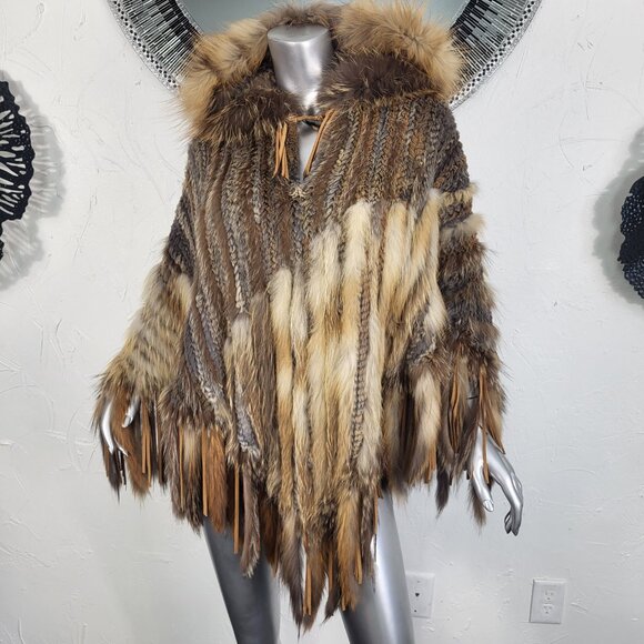 ALBERTO MAKALI~VINTAGE BROWN GENUINE FOX FUR REAL RABBIT HOODED PONCHO CAPE COAT - Picture 6 of 16